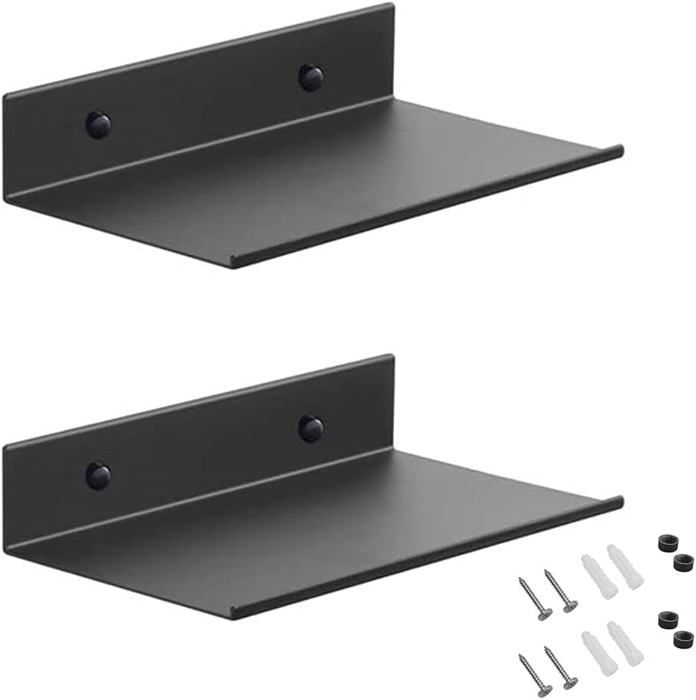 2 Pièces 20 cm Tablette Flottante Noire Étagère de Douche Murale Étagère Rectangulaire Murale avec Trous et Vis