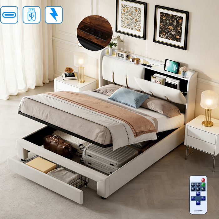 HYNHXBP Lit Coffre 140x200 avec Sommier, Lit Double en Velours avec Système Hydraulique et Tête de Lit, Lit Confortable pour Adultes et Jeunes, Élégant et Pratique (Beige, 140 x 200 cm