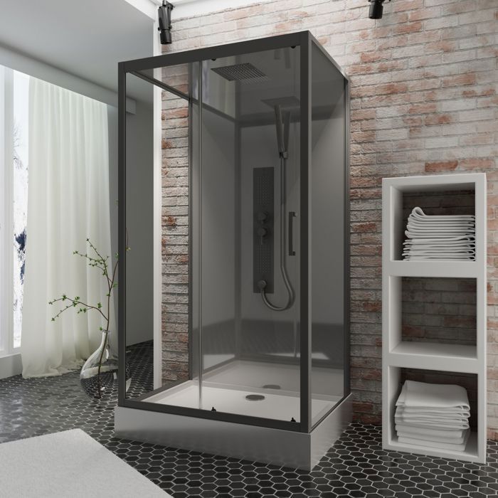 Schulte cabine de douche intégrale 85x115x215cm réversible verre 5mm cabine complète hydromassante porte coulissante noirBali