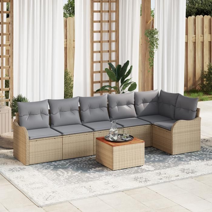 Ensemble de Sofa de Jardin vidaXL 7 Pièces avec Coussins Beige Poly Rattan Acacia Sofa de Jardin 2 Places vidaXL 3347462