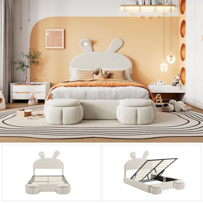Lit enfant 140x200 cm en velours avec rembourré tête de lit et lampe lit double avec tabourets de rangement Structure du lit blanc