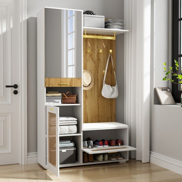 Ensemble dressing mural avec miroir 5 patères dorées meuble à chaussures porte-manteau rangement banc éclairage LED Ensemble dressing mural avec miroir 5 patères dorées meuble à chaussures porte-manteau rangement banc éclairage LED