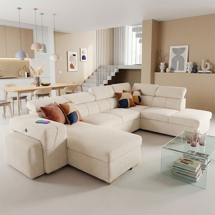 SIRIUS Canapé dangle panoramique convertible Blanc PERLE (velours côtelé ) - Taille XL - 6 places - 334 x 219 x 94