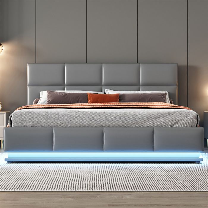 Lit coffre rembourré hydraulique 160x200 cm - simili cuir gris sommier à lattes métal LED sans matelas