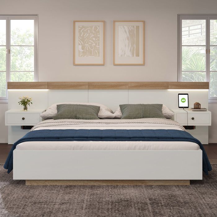 Lit adulte 140x200 cm Lit double avec chevets suspendus led et ports usb cadre en bois sommier à lattes chêne + blanc
