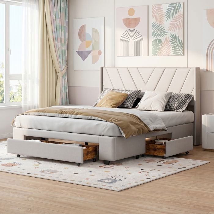Lit adulte 160x200 cm lit double avec rangement lit rembourré avec 3 tiroirs cadre de lit ado avec sommier à lattes lin beige