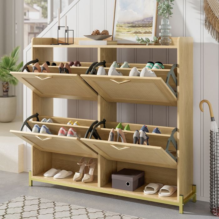 Meuble à chaussures en rotin - MODERNLUXE - 108.5 x 24 x 100 cm - 4 portes - Structure en métal - MDF - Naturel