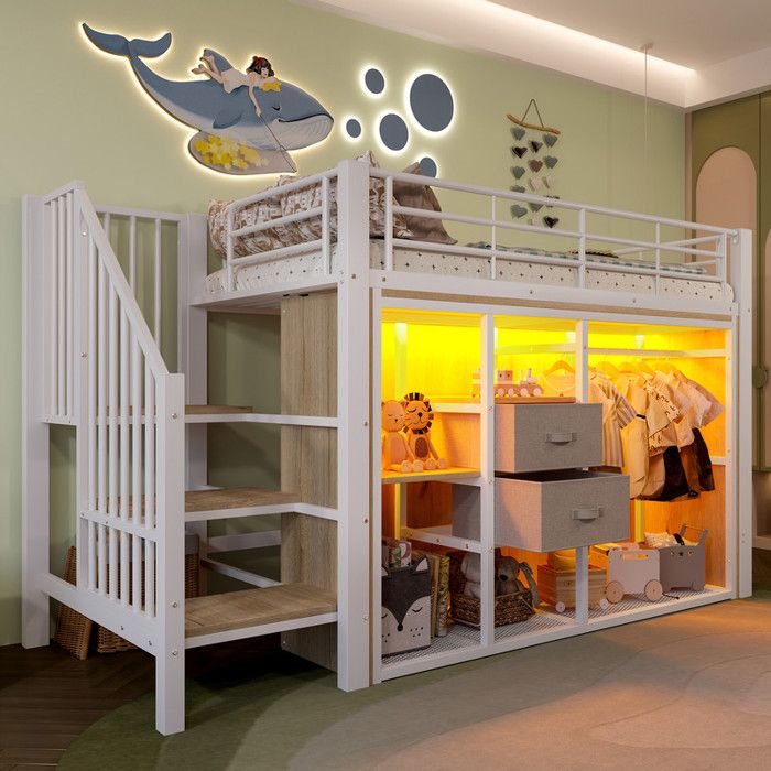 Lit mezzanine multifonctionnel moderne lit enfant 90 × 200 cm avec armoire ouverte et éclairage LED multicolore Lit pour ado