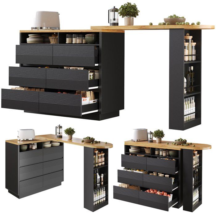 Buffet de cuisine - Îlot extensible 137-215×39×102.3 cm - 6 tiroirs - Roulettes verrouillables - Noir