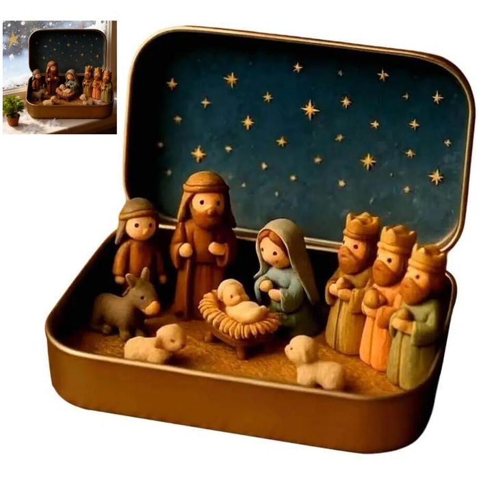 Crèche De Noël Mini En étain - Figurines Jésus, Marie, Joseph - Boîte 13x8 Cm - Décoration Bureau, Maison