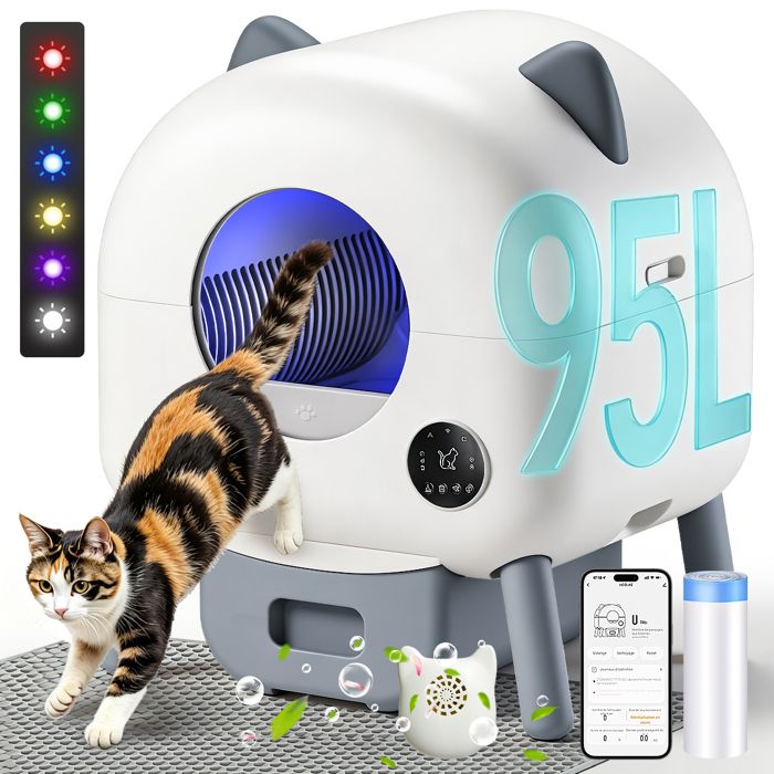 Litiere Chat Autonettoyante Panneau de Configuration Contrôle APP ac Litiere pour Chat Capacité 95L Éclairage dambiance Blanc