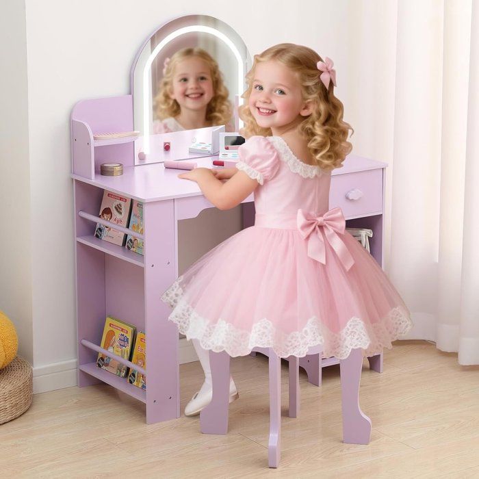 Coiffeuse pour Enfants avec Tabouret et Miroir LED-Tiroirs Table de Maquillage Enfants 3+Ans-violet/Accessoirs