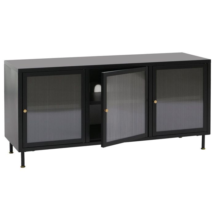 Meuble TV HWC-O87 meuble TV bas buffet portes compartiments de rangement style industriel métal verre canné 58 x Meuble TV HWC-O87 meuble TV bas buffet portes compartiments de rangement style industriel métal verre canné 58 x