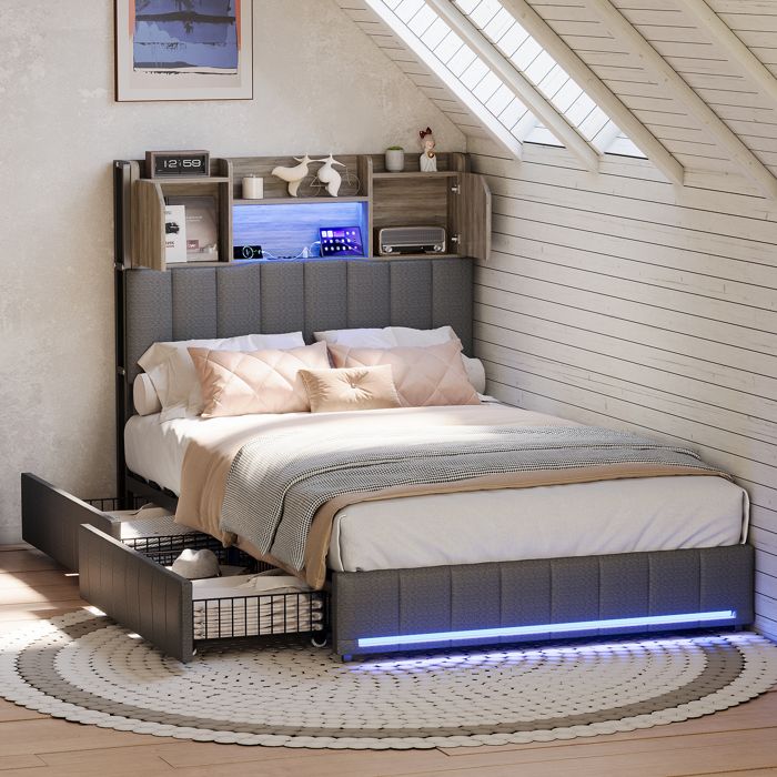 Lit 90x200 avec tiroirs et Espace de Rangement Lit rembourré en L avec LED et USB canapé-lit Moderne avec sommier à Lattes Gris