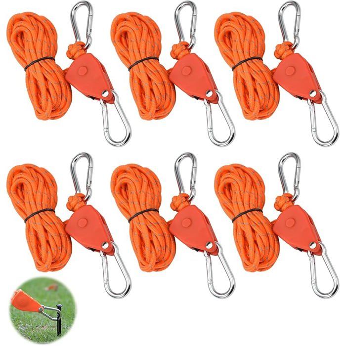 6 Pièces Tendeur de Corde de 4 Mètres Tente Réfléchissante de 4 mm Corde à Cliquet avec Crochet Paracorde Réglable