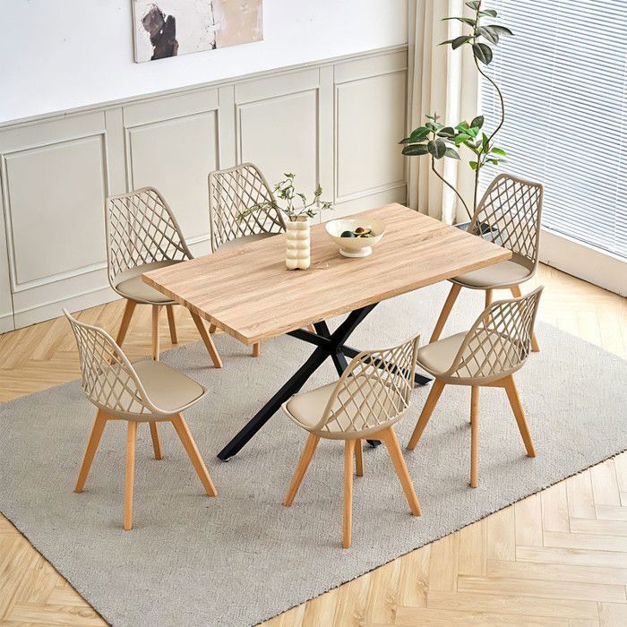 Ensemble table et chaises - HJhomeheart - Table rectangulaire de 140*80*75cm MDF et 6 chaises Scandinaves  - Couleur chêne
