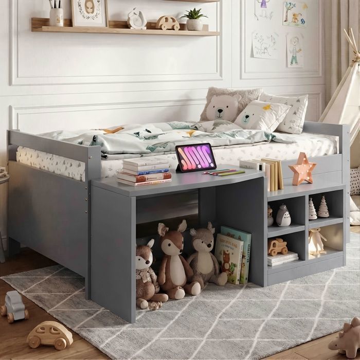 Lit Combiné Enfant 90x200cm - Bureau Intégré - Prise EU & USB - Rangements Multiples - Pin Massif Gris