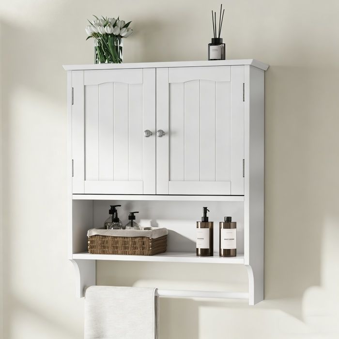 BELLEMAVE Armoire Murale Salle de Bain - Meuble Salle de Bain à 2 Portes Rangement Ouvert & Porte-serviette - 568x19x70cm - Blanc