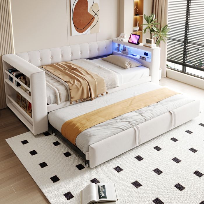 Canapé-lit beige 90/180 × 190 avec LED prise rangement intégré sans matelas