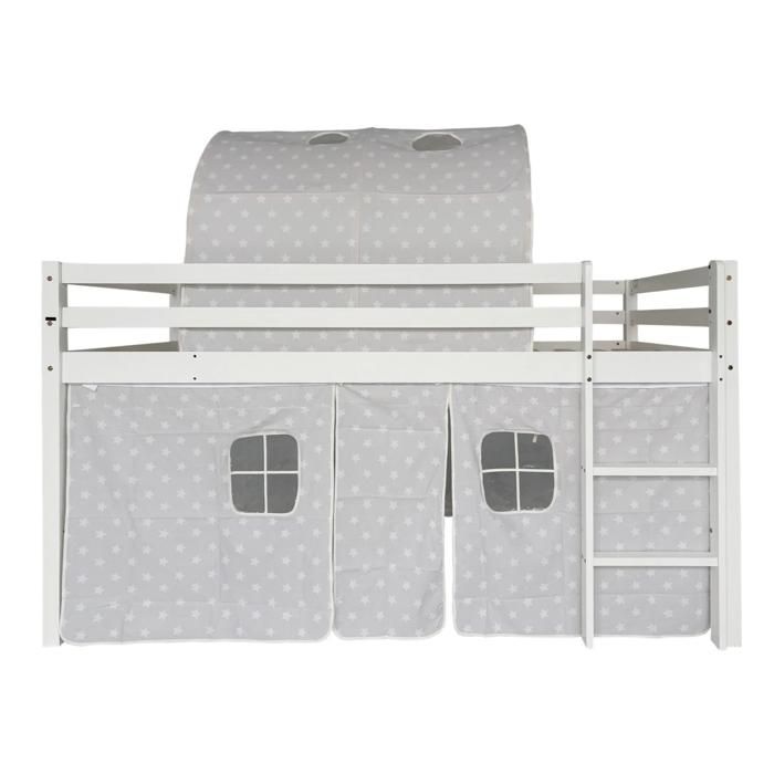 Lit mezzanine enfant 90x190 cm (sans matelas) blanc avec tente en coton lit de jeu avec barrière de sécurité et échelle