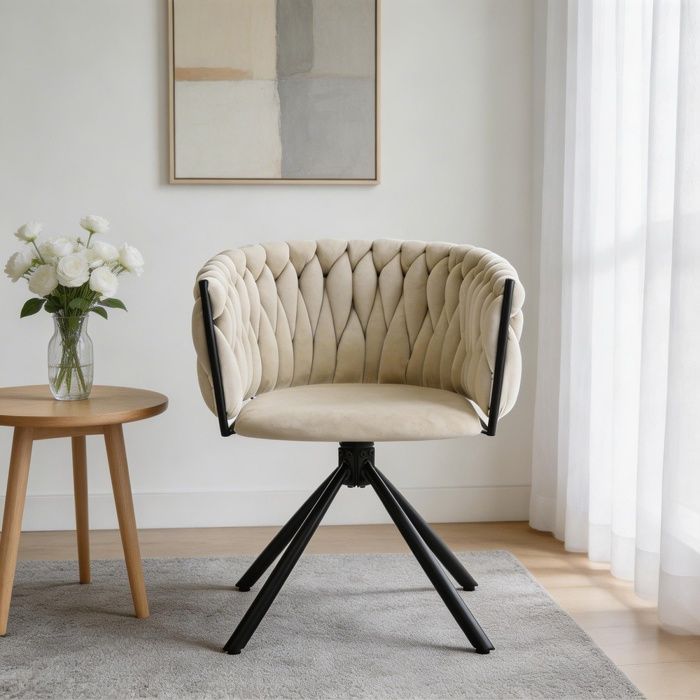 Chaise de salle à manger - Pivotante 360° velours - Beige - Pieds métal - Dossier ergonomique