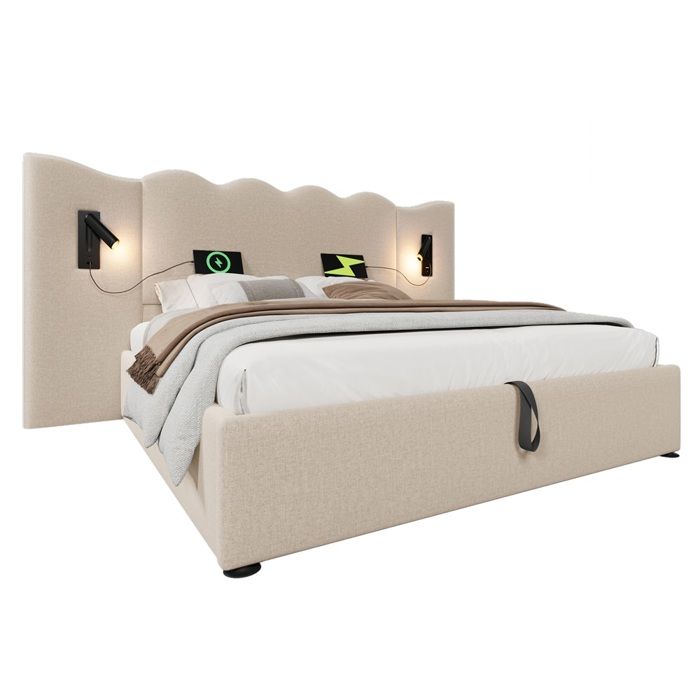 Lit Double 160x200cm-USB-C & Lampe-Base Lattes Bois&Métal-Beige Lin (sans Matelas)