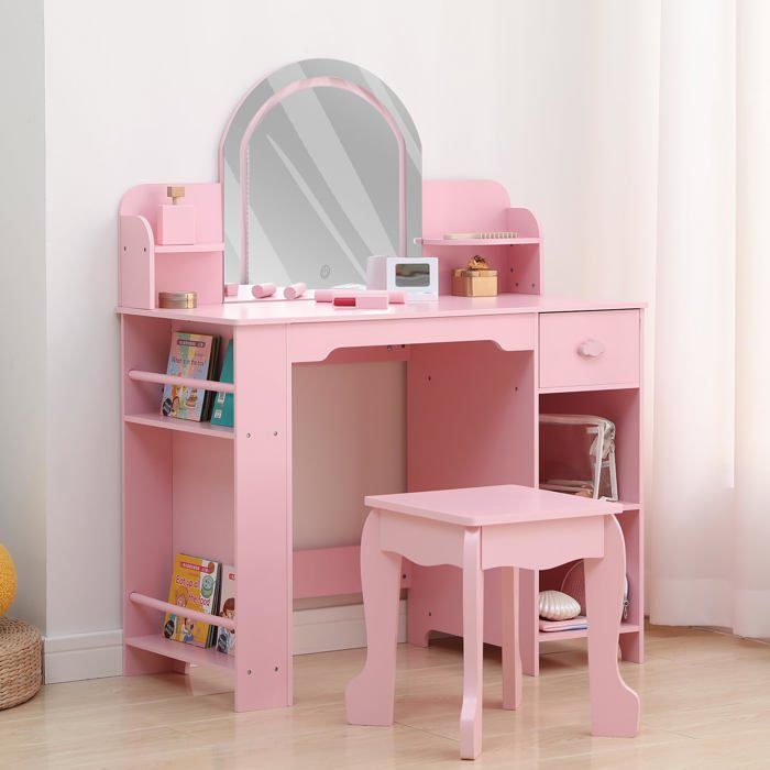 Coiffeuse enfant avec miroir LED - LUNSY - Miroir LED à 3 couleurs réglables - Dimensions: 80x40x101 cm - Rose