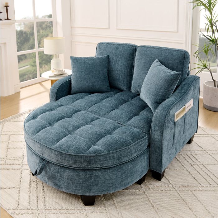 Canapé convertible 1 place avec rangement - BEAUNIV - tissu chenille cadre en bois d’eucalyptus bleu