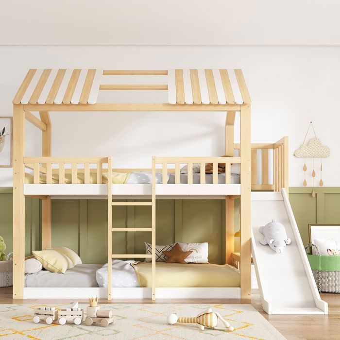 Lit superposé - Lit maison cabane 90x200 - Toit en pignon - Toboggan & étagère - Bois robuste