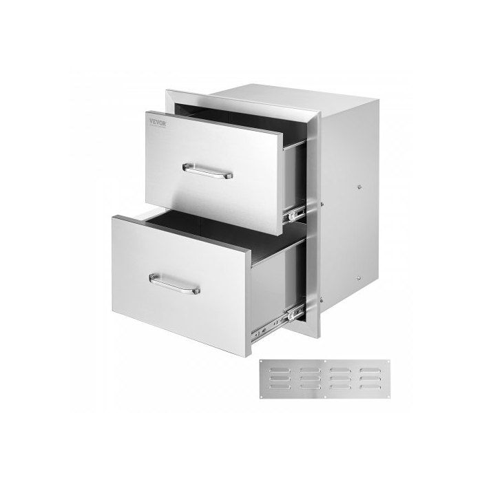 Tiroir de cuisine extérieur 45 x 31 x 51 cm en acier inoxydable 2 tiroirs intégrés avec poignée pour ustensiles et barbecue