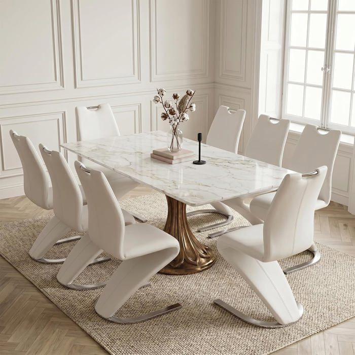 JIEXI Lot de 8 Chaises de Salle à Manger Blanc Similicuir Design Contemporain en Z Dossier Ergonomique Piètement Chromé