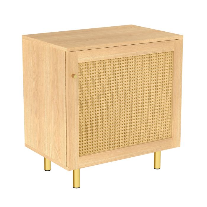 Buffet bas 1 porte - meuble de rangement effet bois naturel porte en rotin pieds métalliques dorés 60 x 40 x 63 cm