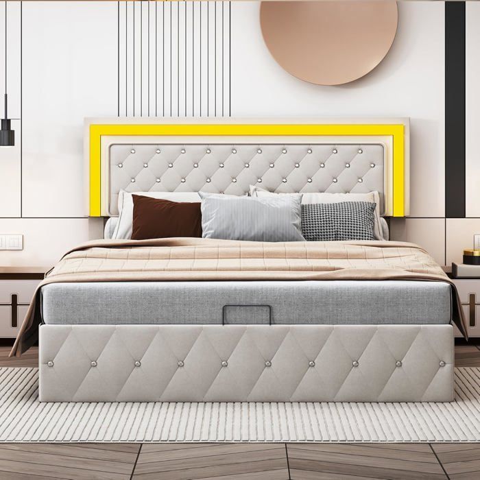 Lit double rembourré 140x200 LED coffre rangement ressorts sommier lattes ado velours beige sans matelas