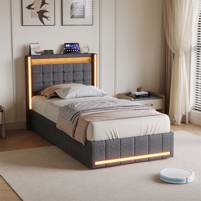 Lit Coffre Simple 90x200cm - Lit Adulte Tissu Lin avec LED Éclairage Tête et Pied de Lit Sommier relevable USB - Gris