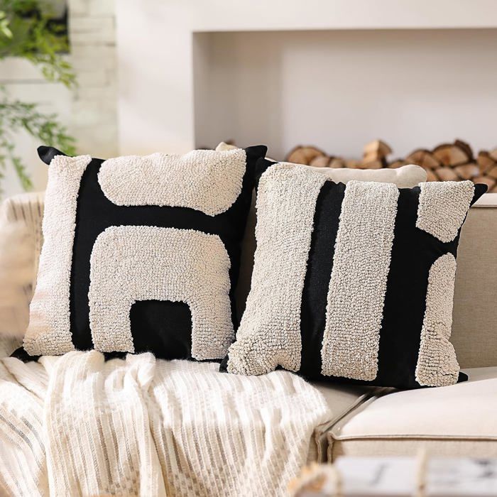 Lot de 2 housses de coussin tuftées 45 x 45 cm style bohème géométrique noir et blanc pour canapé et lit