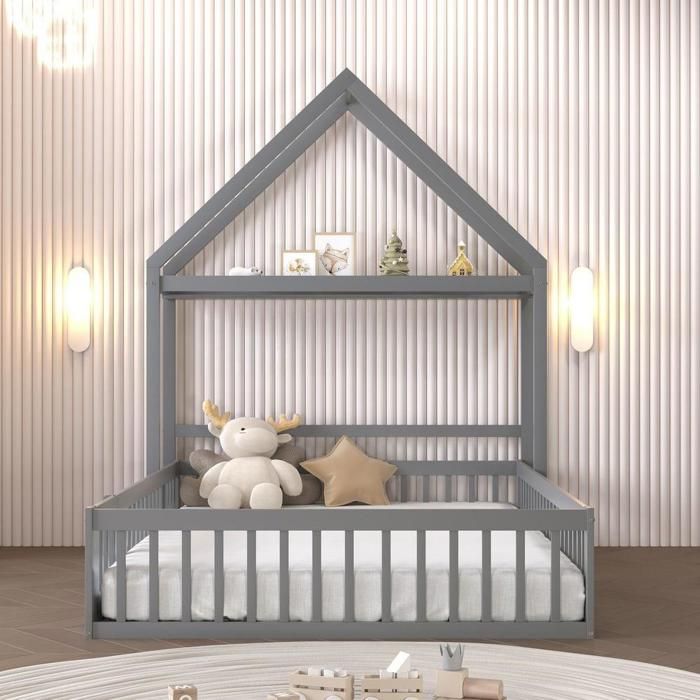 Lit enfant - KOMHTOM - 140x200 - Bois massif - Sommier à lattes inclus - Rangement & penderie Lit enfant - KOMHTOM - 140x200 - Bois massif - Sommier à lattes inclus - Rangement & penderie