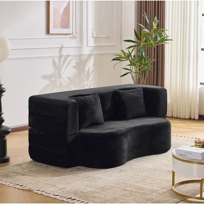 Canapé Convertible 2 Places - avec Fonction Lit Pliable et 2 Coussins - en Microfibre Noire - 180 × 55 × 70 cm
