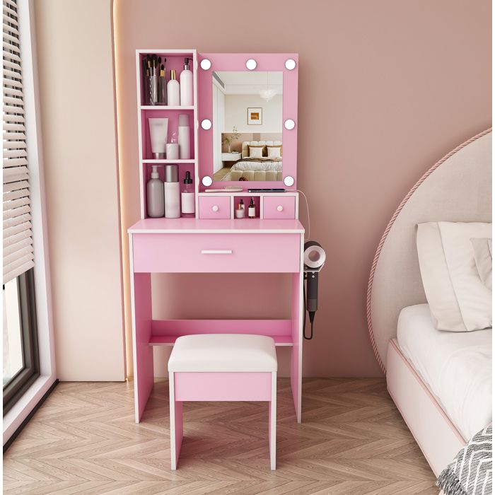 Modenuit coiffeuse rose 60 x 38 x 1315 cm avec miroir LED 3 modes prise integree tabouret et 3 tiroirs
