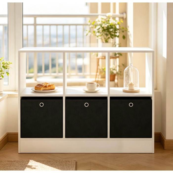 Bibliothèque Cube 6 Cases 3 Tiroirs en Tissu - YEAVIO - Meuble de Rangement sur Pied pour Salon Bureau 80×30×61 cm