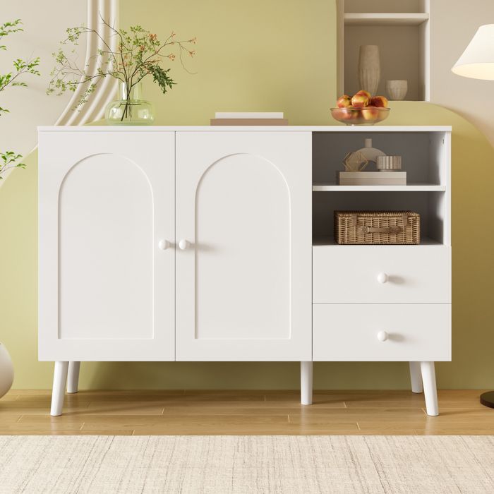 Buffet à portes incurvées avec poignées et pieds en bois rangement multipleBlanc