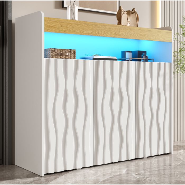 Buffet avec 3 portes niche ouverte et eclairage LED - pour salon ou entree - en panneaux de particules - blanc et naturel