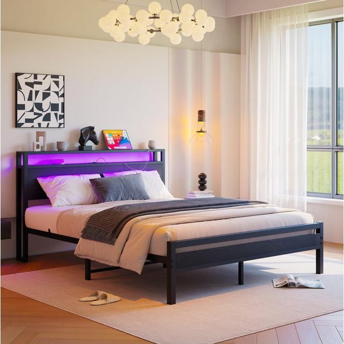 Lit 140x190 EVRYAE en métal noir avec tête de lit rangement USB-C LED sans sommier