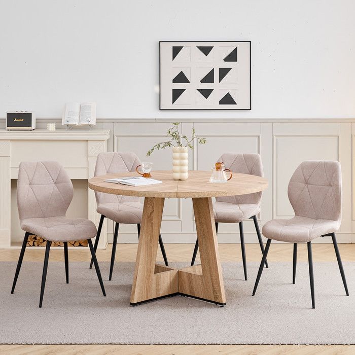 Table ronde avec 4 chaises - Scandinave - Chaise capitonnées losange - Beige - Table ronde L 120 x H 76 cm -  MDF - Bois clair