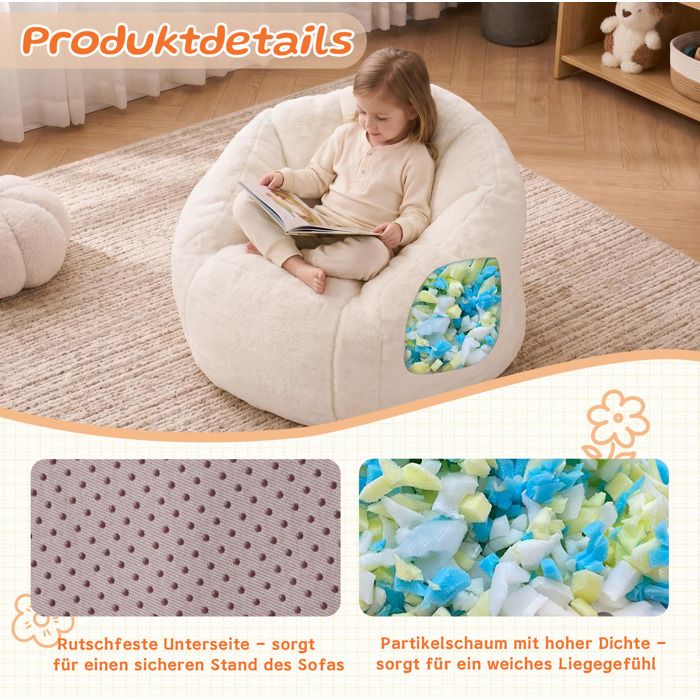 Fauteuil pouf enfant - avec forme ergonomique et rembourrage mousse - pour chambre ou salon - en polyester beige