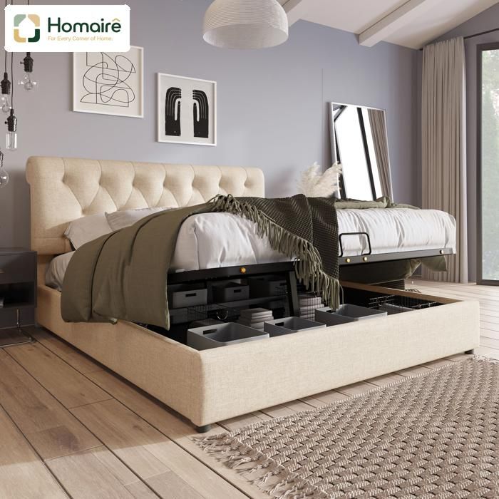 Lit de rangement hydraulique tapissé avec tête de lit réglable lattes en pin élastique matériau lin 140x200cm HOMAIRE