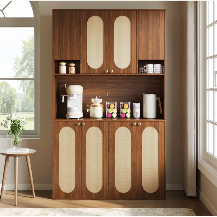 Buffet Haut 8 Portes En MDF Naturel Bahut De Rangement FloraGrace Pour Salle À Manger Ou Salon Avec LED Réglable 106x40x178cm