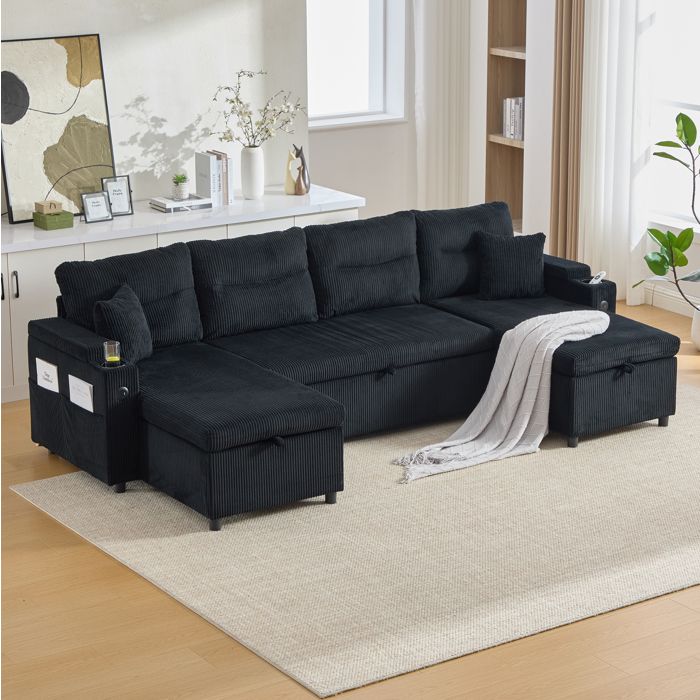 Canapé Convertible 4 Places Noir Canapé Panoramique FloraGrace Pour Salon Rangements Et Porte-Gobelets Colis 90x39x39cm