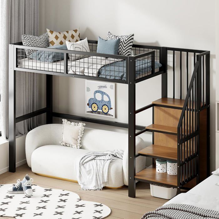 Lit mezzanine métal Noir 90x200 avec échelle sécurisée & armoire rangement lit surélevé pour chambre petit espace