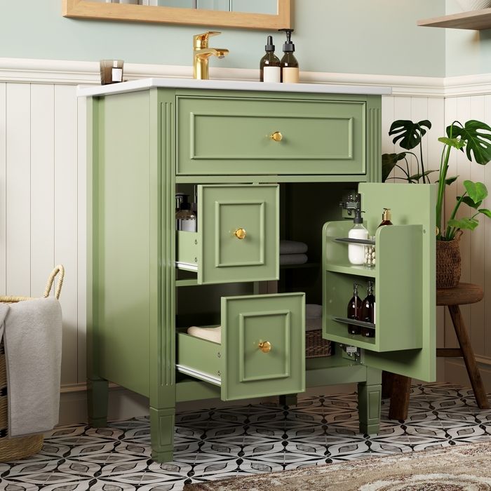 Meuble sous Lavabo Salle de Bain 61x47x86cm avec Lavabo en CéramiqueArmoire Salle de Bain avec 3 Tiroirsétagères de Porte vert