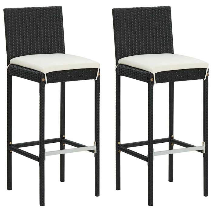 Noir Tabourets de bar de jardin et coussins lot de 2 résine tressée - Siège de balcon LV61967
